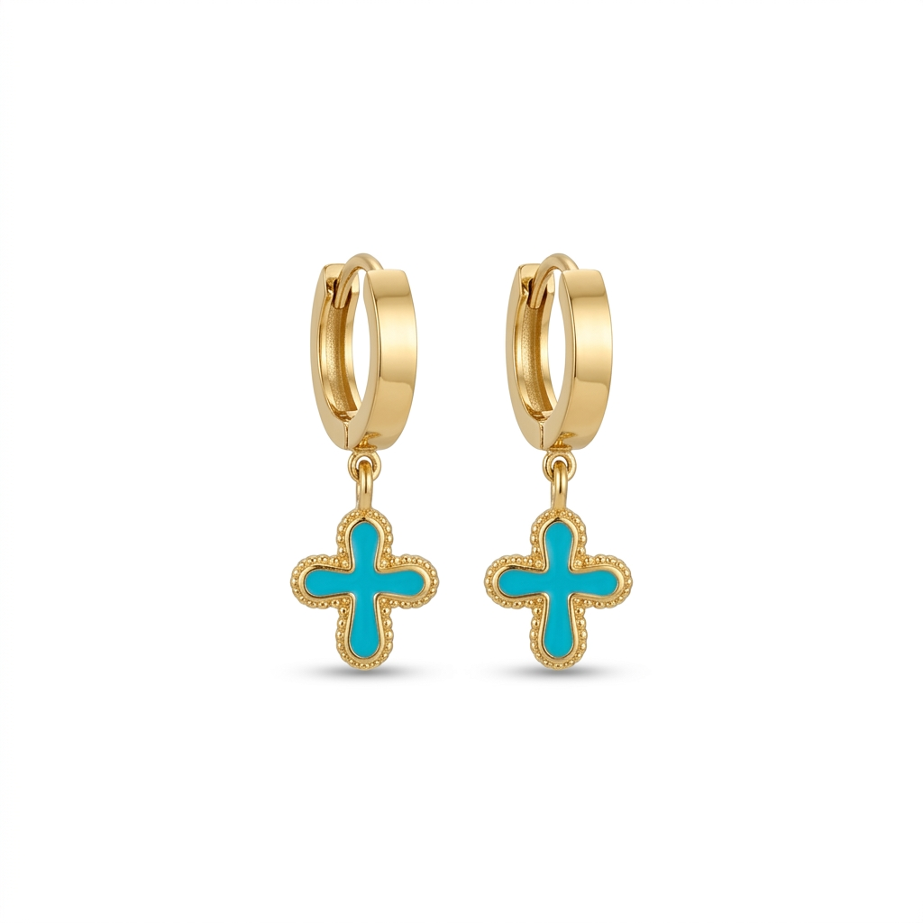 Turquoise Cross Hoop Earrings in Gold
